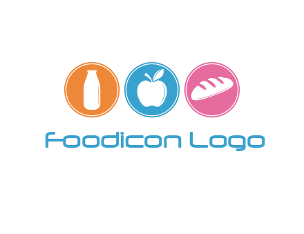 Groceries including apple, milk and bread each in a circle
