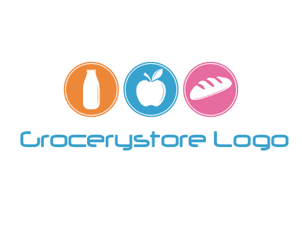 Groceries including apple, milk and bread each in a circle