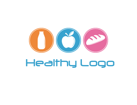 Groceries including apple, milk and bread each in a circle