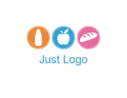 Groceries including apple, milk and bread each in a circle