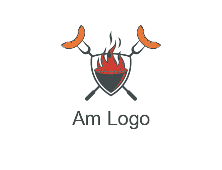 sausages on forks forming a cross behind a flaming BBQ grill in shield