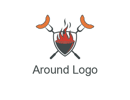sausages on forks forming a cross behind a flaming BBQ grill in shield