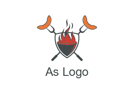 sausages on forks forming a cross behind a flaming BBQ grill in shield