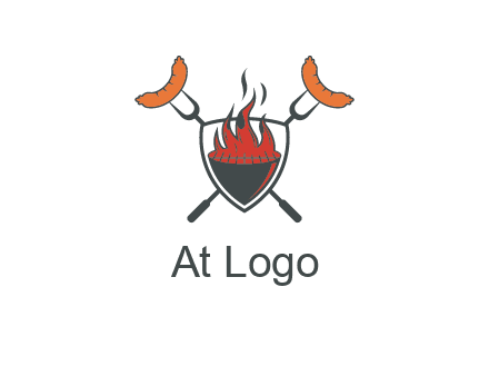 sausages on forks forming a cross behind a flaming BBQ grill in shield
