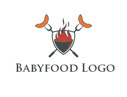 sausages on forks forming a cross behind a flaming BBQ grill in shield