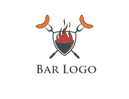 sausages on forks forming a cross behind a flaming BBQ grill in shield