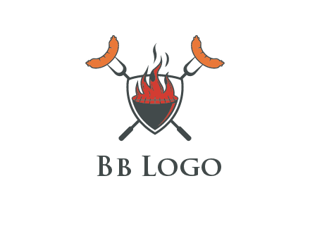 sausages on forks forming a cross behind a flaming BBQ grill in shield