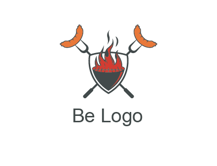 sausages on forks forming a cross behind a flaming BBQ grill in shield