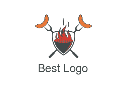 sausages on forks forming a cross behind a flaming BBQ grill in shield