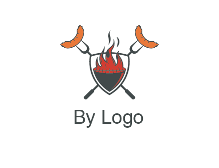 sausages on forks forming a cross behind a flaming BBQ grill in shield