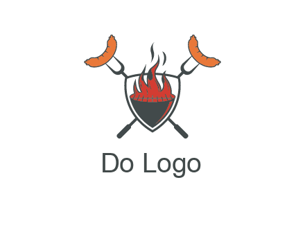 sausages on forks forming a cross behind a flaming BBQ grill in shield