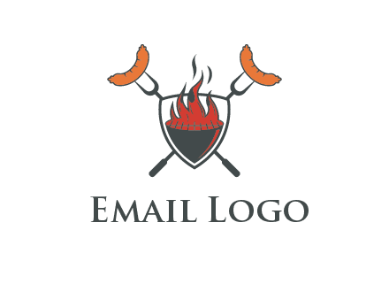 sausages on forks forming a cross behind a flaming BBQ grill in shield