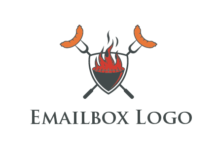 sausages on forks forming a cross behind a flaming BBQ grill in shield