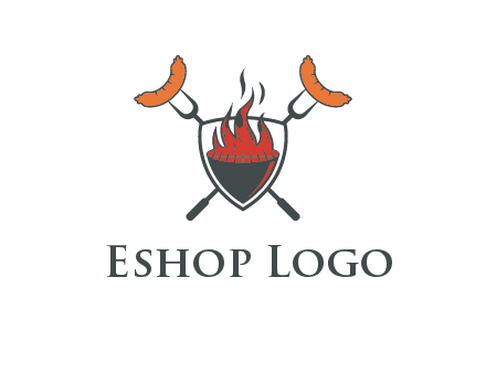 sausages on forks forming a cross behind a flaming BBQ grill in shield