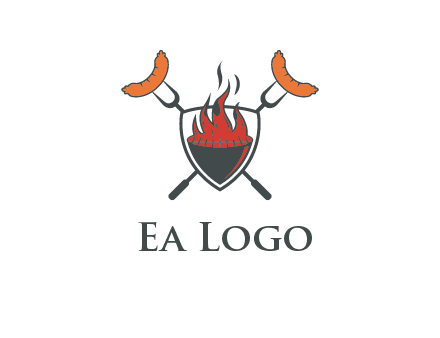 sausages on forks forming a cross behind a flaming BBQ grill in shield