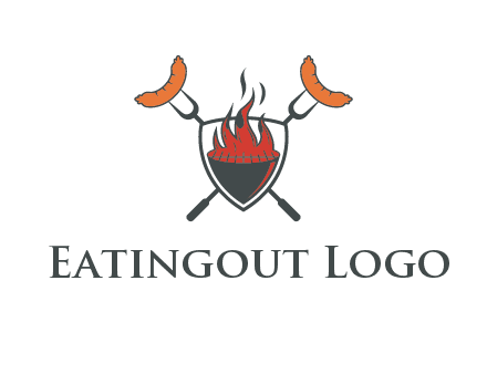 sausages on forks forming a cross behind a flaming BBQ grill in shield