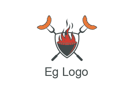 sausages on forks forming a cross behind a flaming BBQ grill in shield