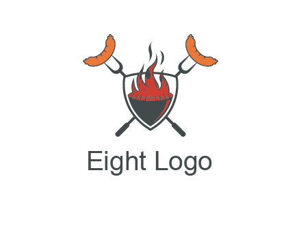 sausages on forks forming a cross behind a flaming BBQ grill in shield
