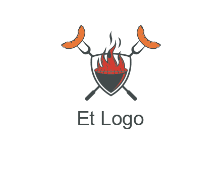 sausages on forks forming a cross behind a flaming BBQ grill in shield