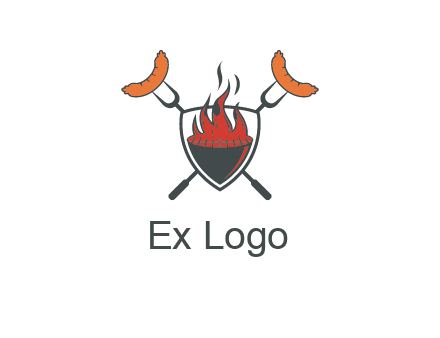 sausages on forks forming a cross behind a flaming BBQ grill in shield