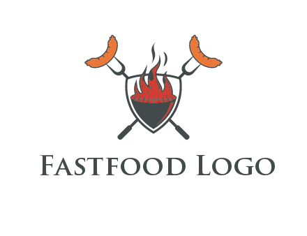 sausages on forks forming a cross behind a flaming BBQ grill in shield