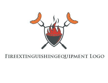 sausages on forks forming a cross behind a flaming BBQ grill in shield