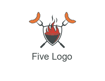 sausages on forks forming a cross behind a flaming BBQ grill in shield