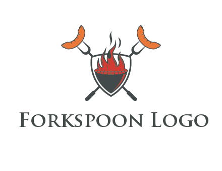 sausages on forks forming a cross behind a flaming BBQ grill in shield