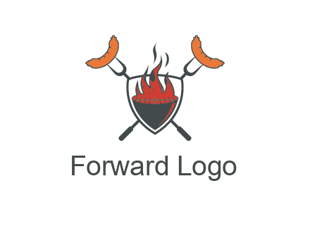 sausages on forks forming a cross behind a flaming BBQ grill in shield