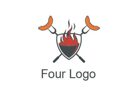sausages on forks forming a cross behind a flaming BBQ grill in shield