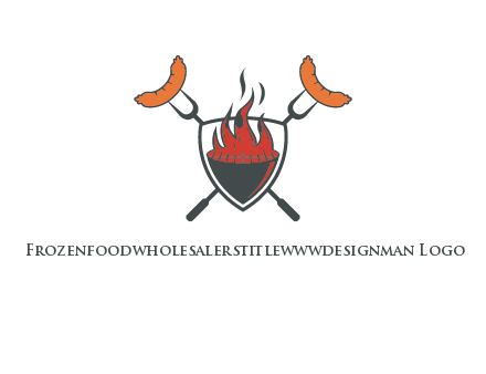 sausages on forks forming a cross behind a flaming BBQ grill in shield