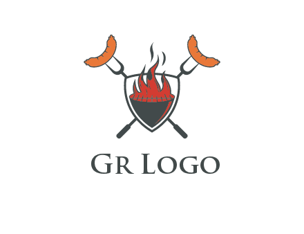 sausages on forks forming a cross behind a flaming BBQ grill in shield