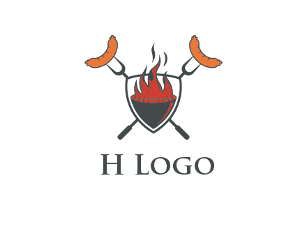 sausages on forks forming a cross behind a flaming BBQ grill in shield