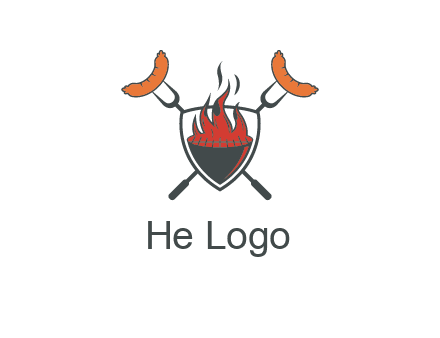 sausages on forks forming a cross behind a flaming BBQ grill in shield