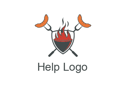 sausages on forks forming a cross behind a flaming BBQ grill in shield