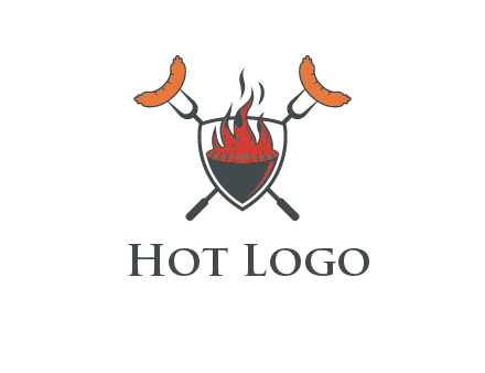sausages on forks forming a cross behind a flaming BBQ grill in shield