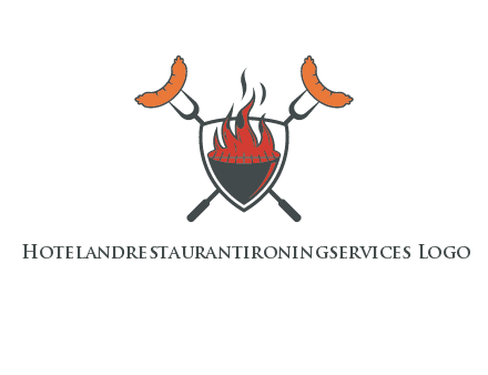 sausages on forks forming a cross behind a flaming BBQ grill in shield