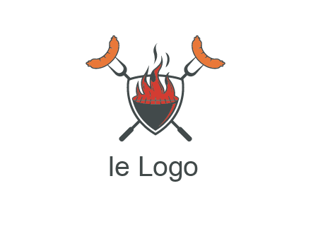 sausages on forks forming a cross behind a flaming BBQ grill in shield