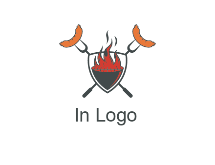 sausages on forks forming a cross behind a flaming BBQ grill in shield