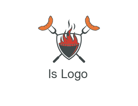 sausages on forks forming a cross behind a flaming BBQ grill in shield