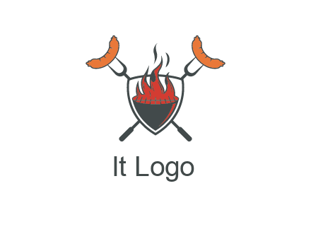 sausages on forks forming a cross behind a flaming BBQ grill in shield