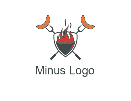 sausages on forks forming a cross behind a flaming BBQ grill in shield