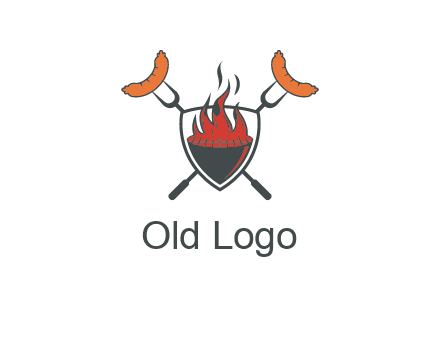 sausages on forks forming a cross behind a flaming BBQ grill in shield