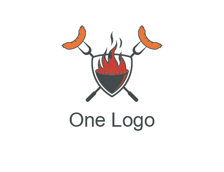 sausages on forks forming a cross behind a flaming BBQ grill in shield