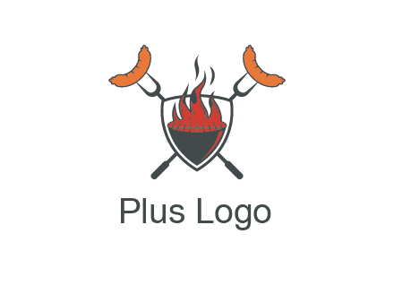 sausages on forks forming a cross behind a flaming BBQ grill in shield