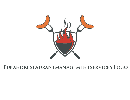 sausages on forks forming a cross behind a flaming BBQ grill in shield