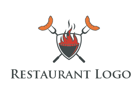 sausages on forks forming a cross behind a flaming BBQ grill in shield