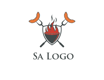 sausages on forks forming a cross behind a flaming BBQ grill in shield