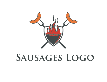sausages on forks forming a cross behind a flaming BBQ grill in shield