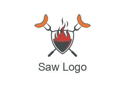 sausages on forks forming a cross behind a flaming BBQ grill in shield